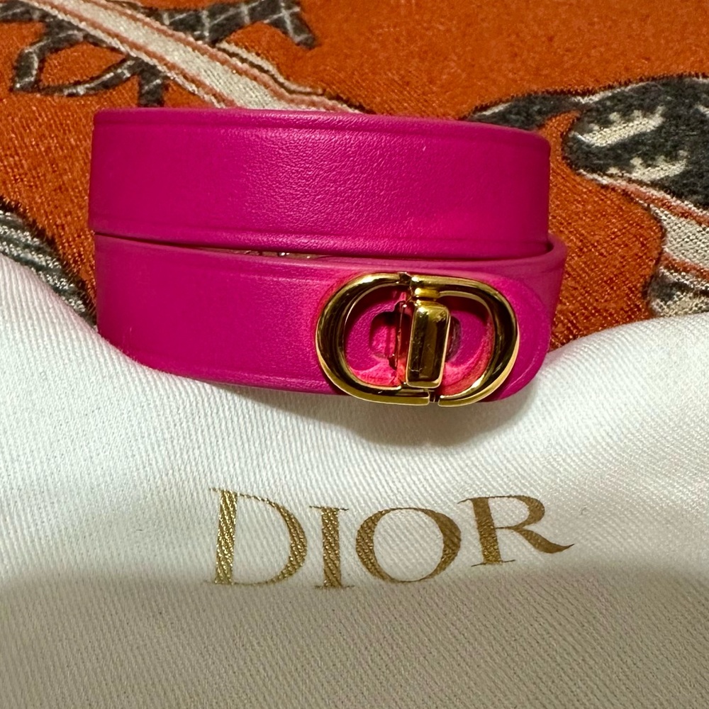 Dior Hot Pink Double Wrap Leather Bracelet with Gold CD Buckle